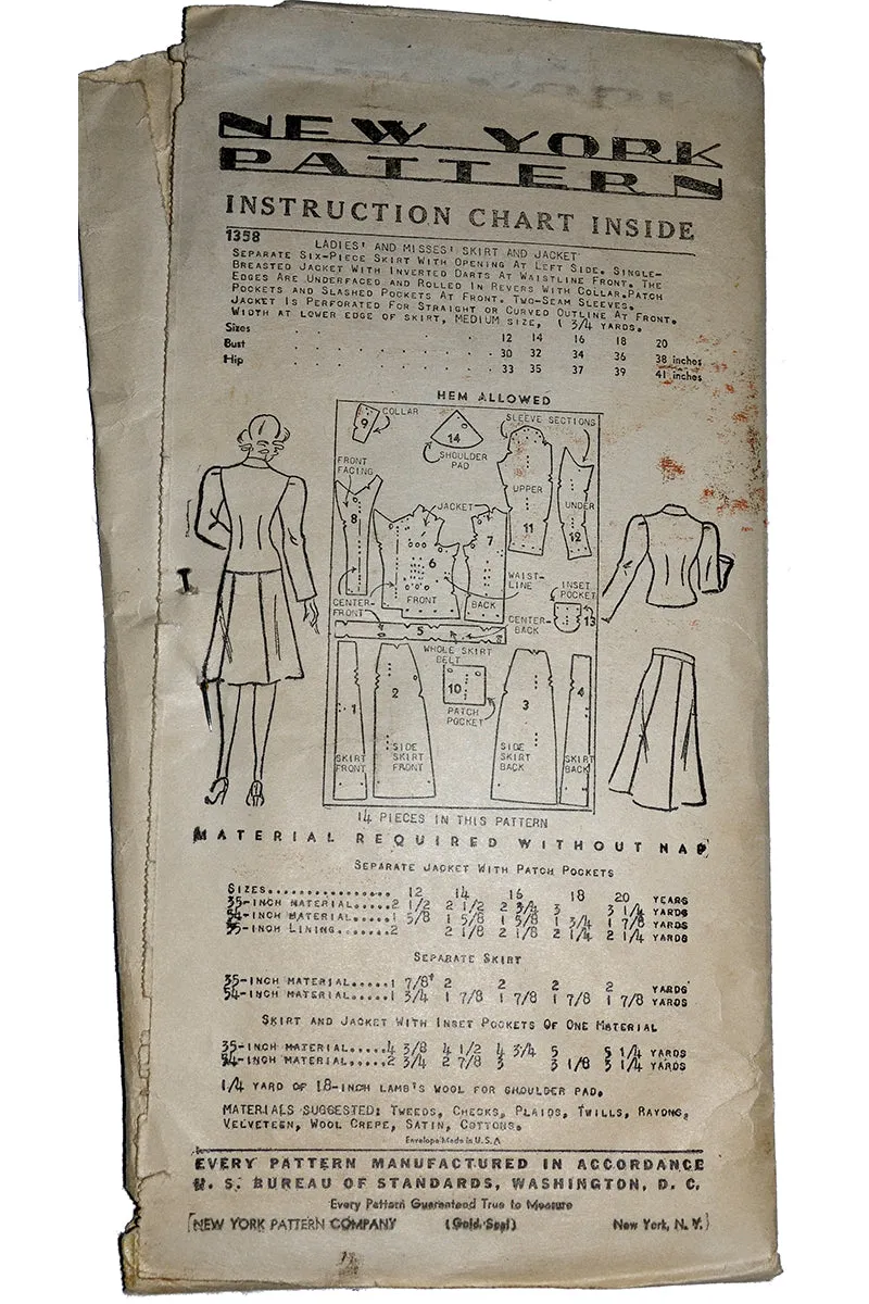 1940s New York 1358 Sewing Pattern for Skirt & Jacket