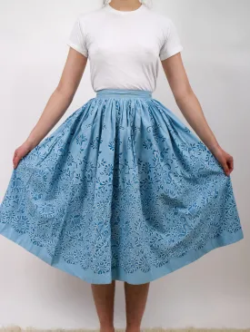 1950s Blue Floral Print Fit and Flare Circle Skirt