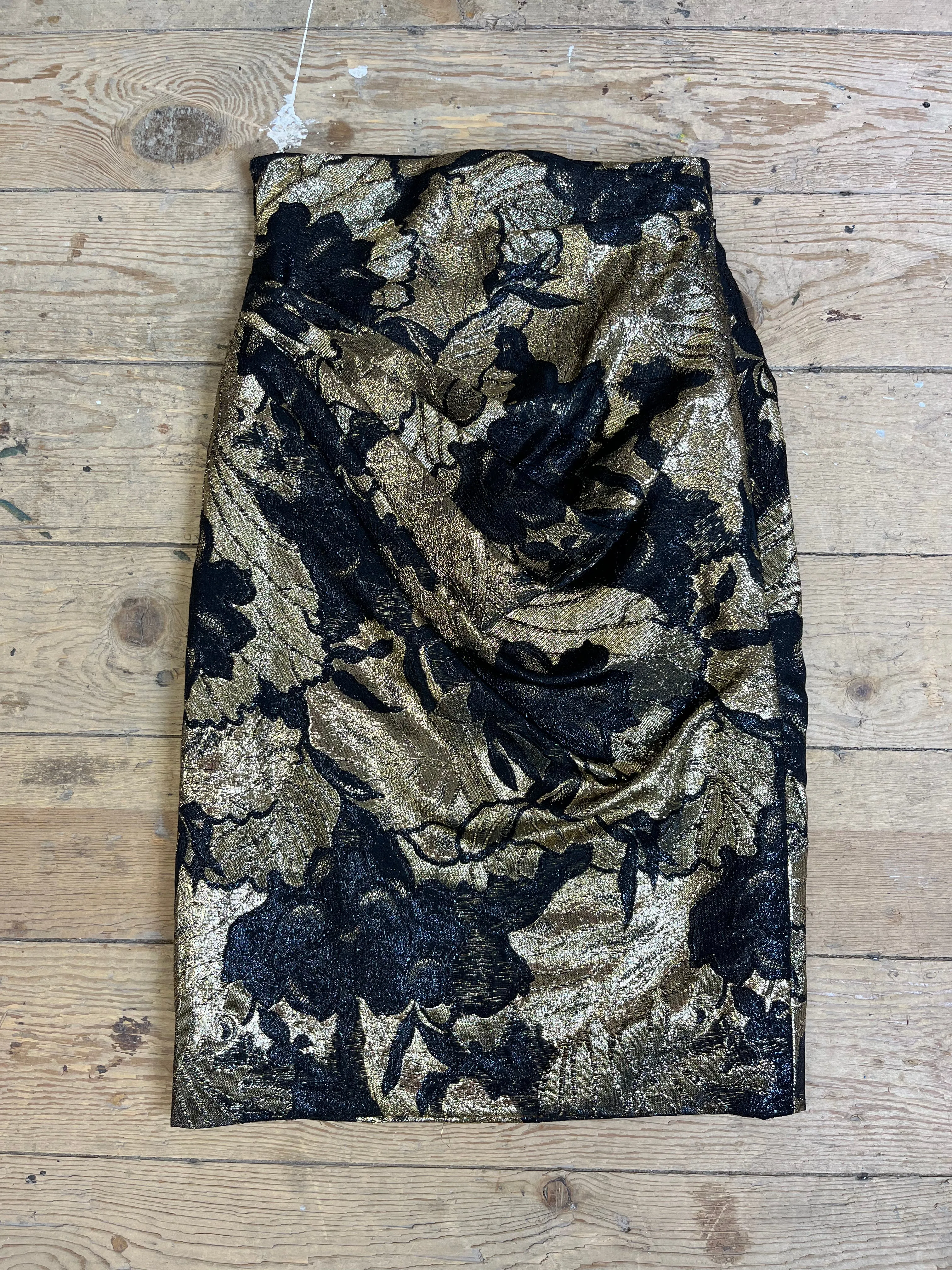 1980s Black & Gold Ruched Floral Skirt by Ungaro Parallele Paris