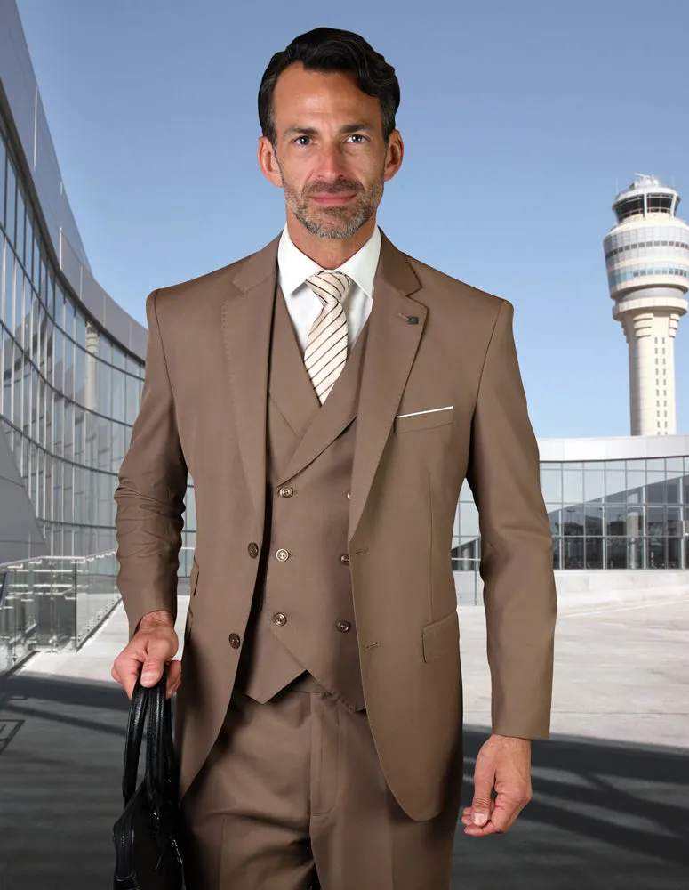 3pc Single Breasted Solid Color Tailored Fit Flat Front Pants Super 150's With Double Breasted Vest| LAZIO| Bronze
