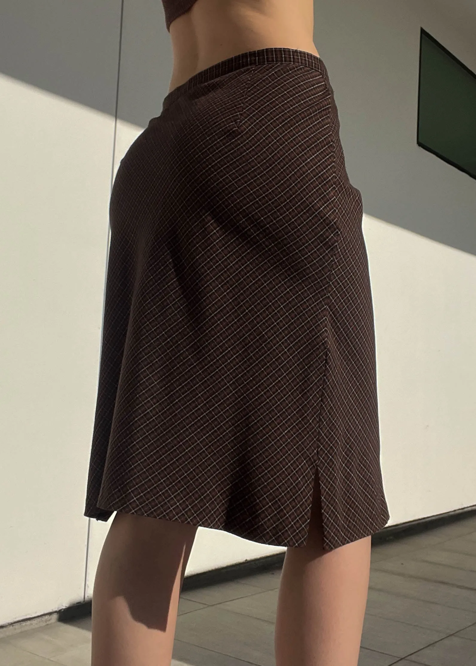 90’s Brown   Black Plaid Midi Skirt (29”)