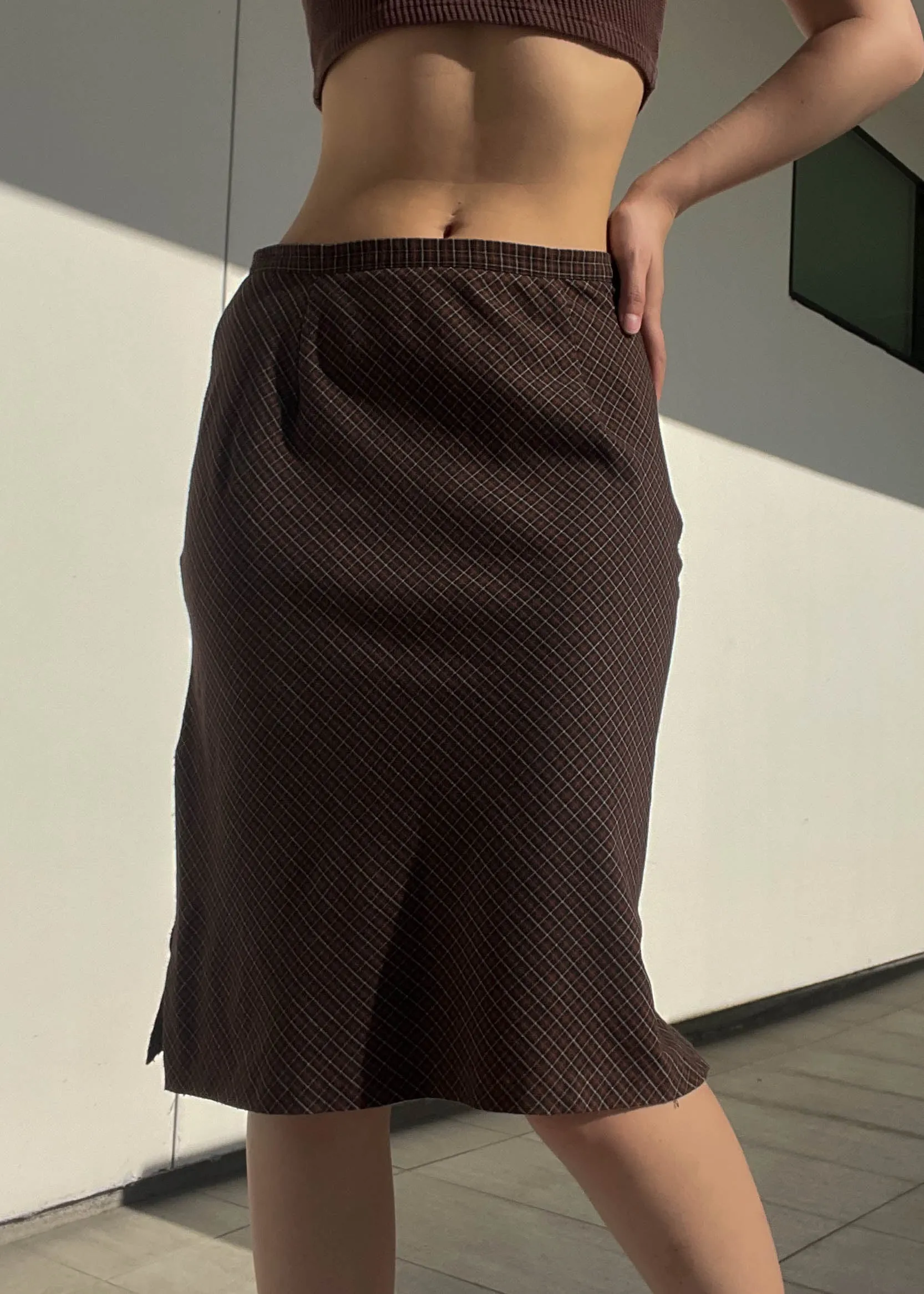 90’s Brown   Black Plaid Midi Skirt (29”)