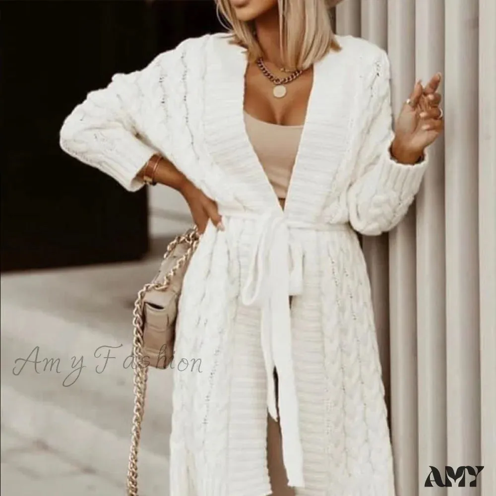 Amy Fashion - Sweater Cardigan Women Long Sleeve Lace-Up Loose Knitted Outwear