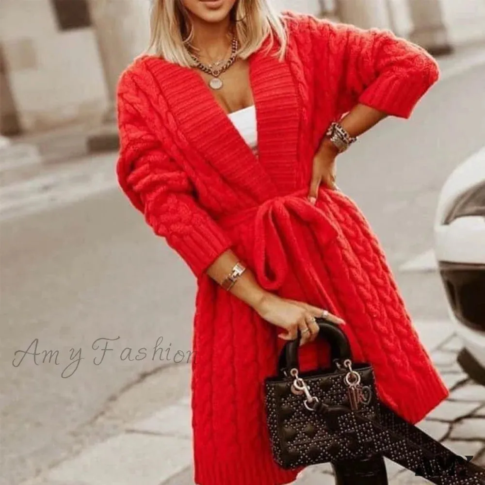 Amy Fashion - Sweater Cardigan Women Long Sleeve Lace-Up Loose Knitted Outwear