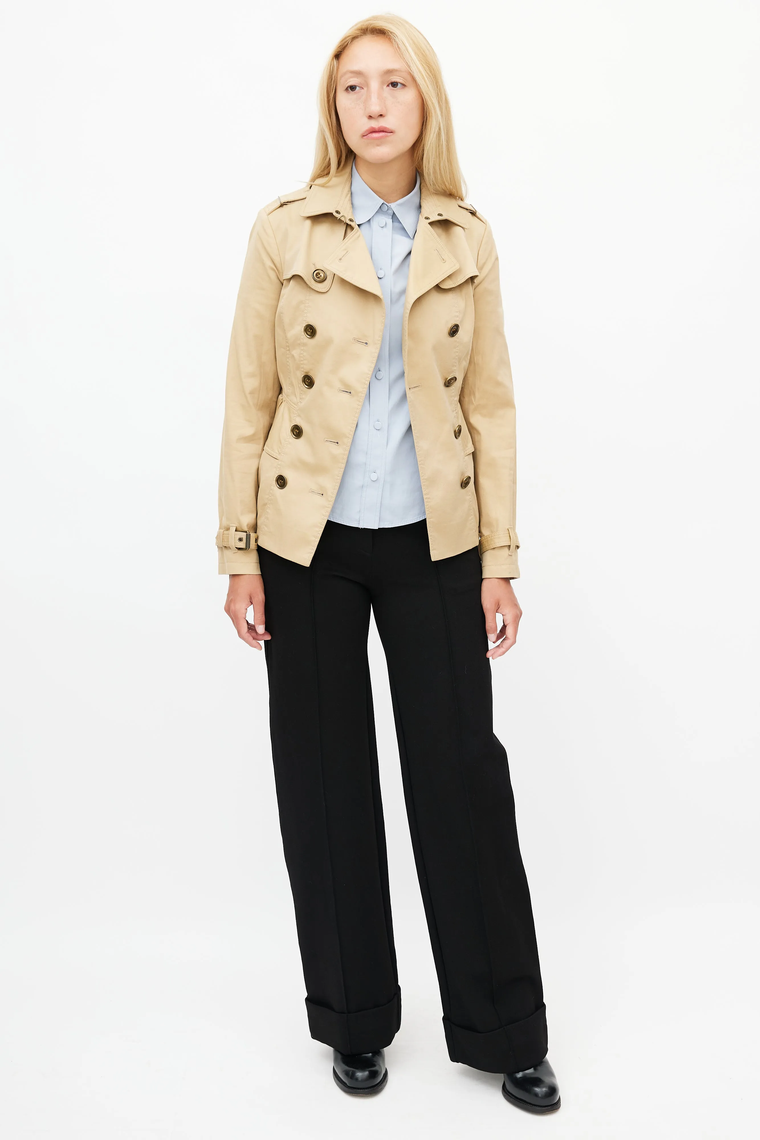 Beige Belted Short Ruffled Trench Coat