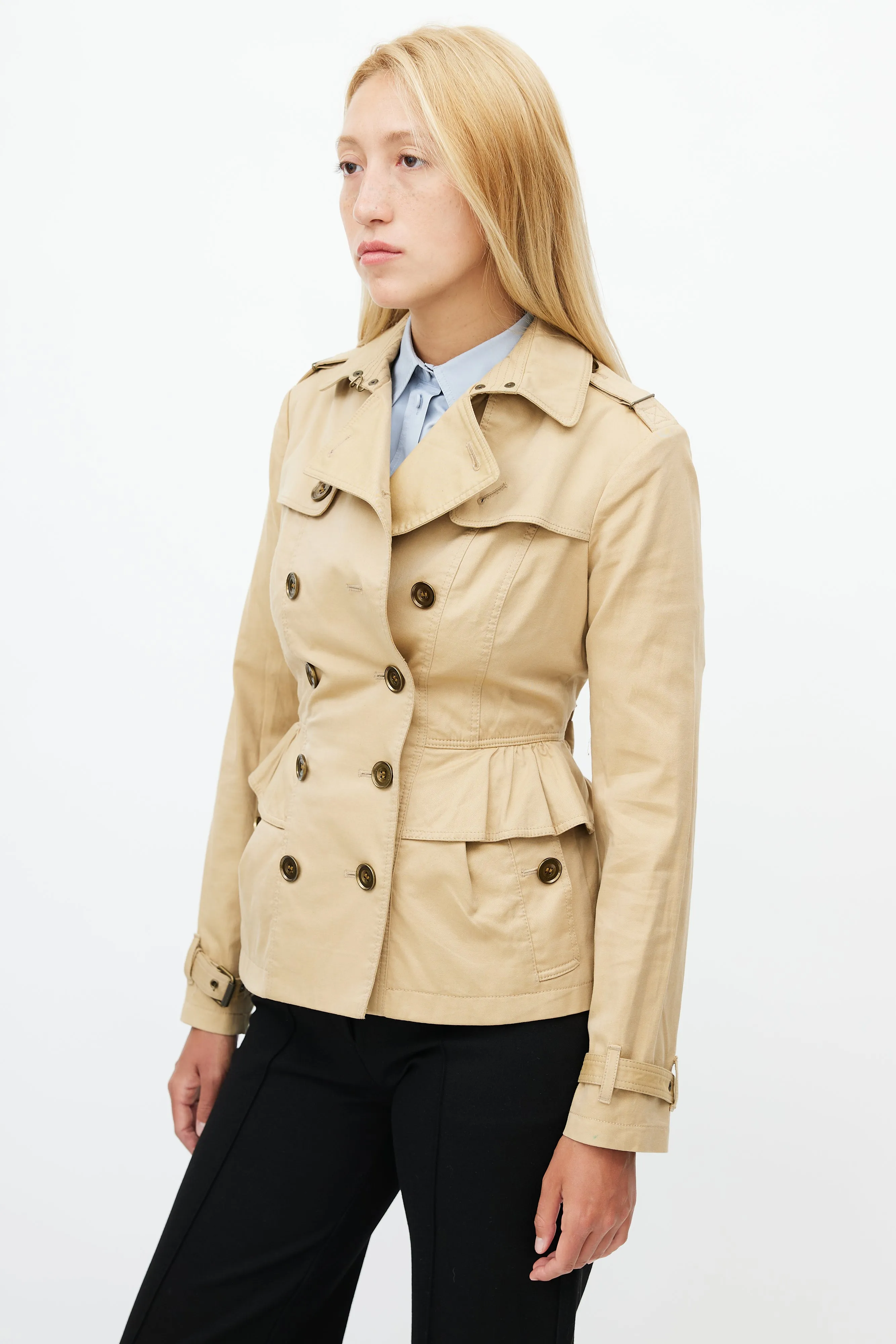 Beige Belted Short Ruffled Trench Coat