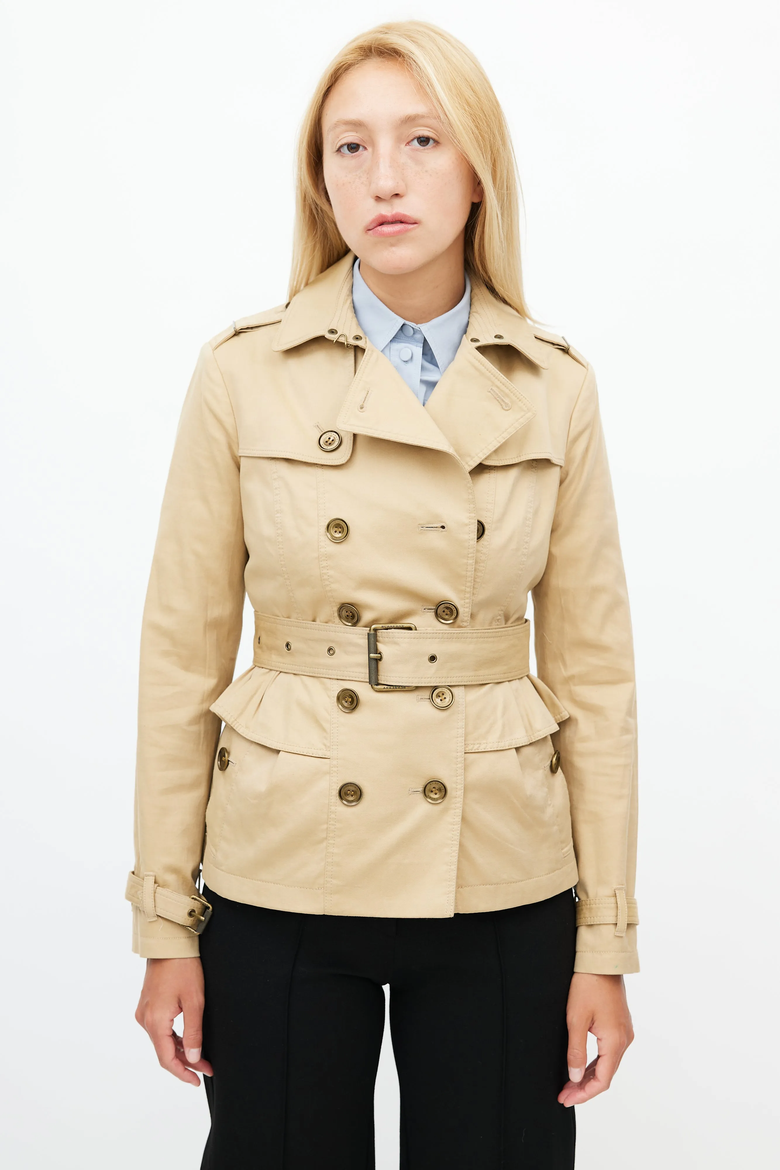 Beige Belted Short Ruffled Trench Coat