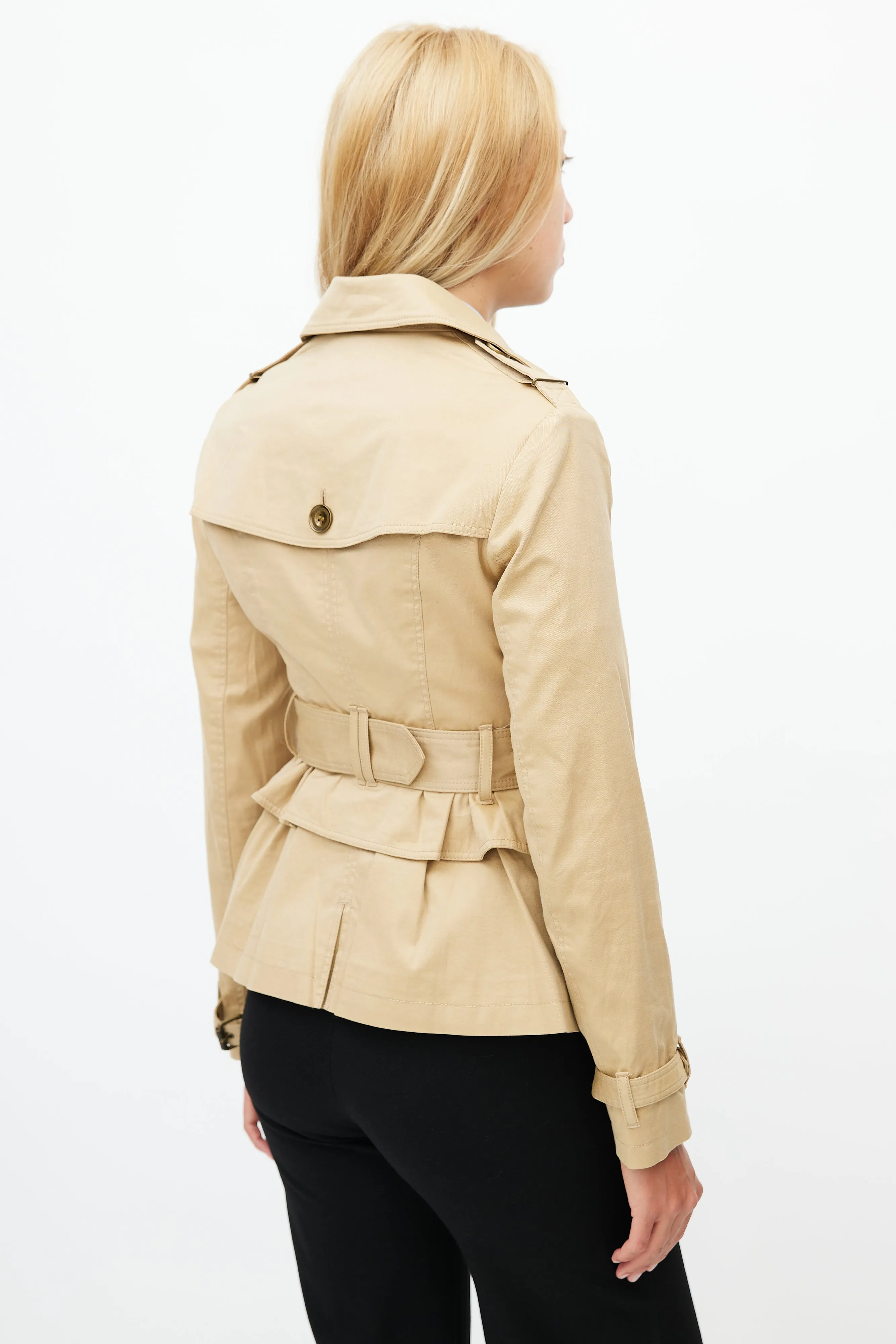 Beige Belted Short Ruffled Trench Coat