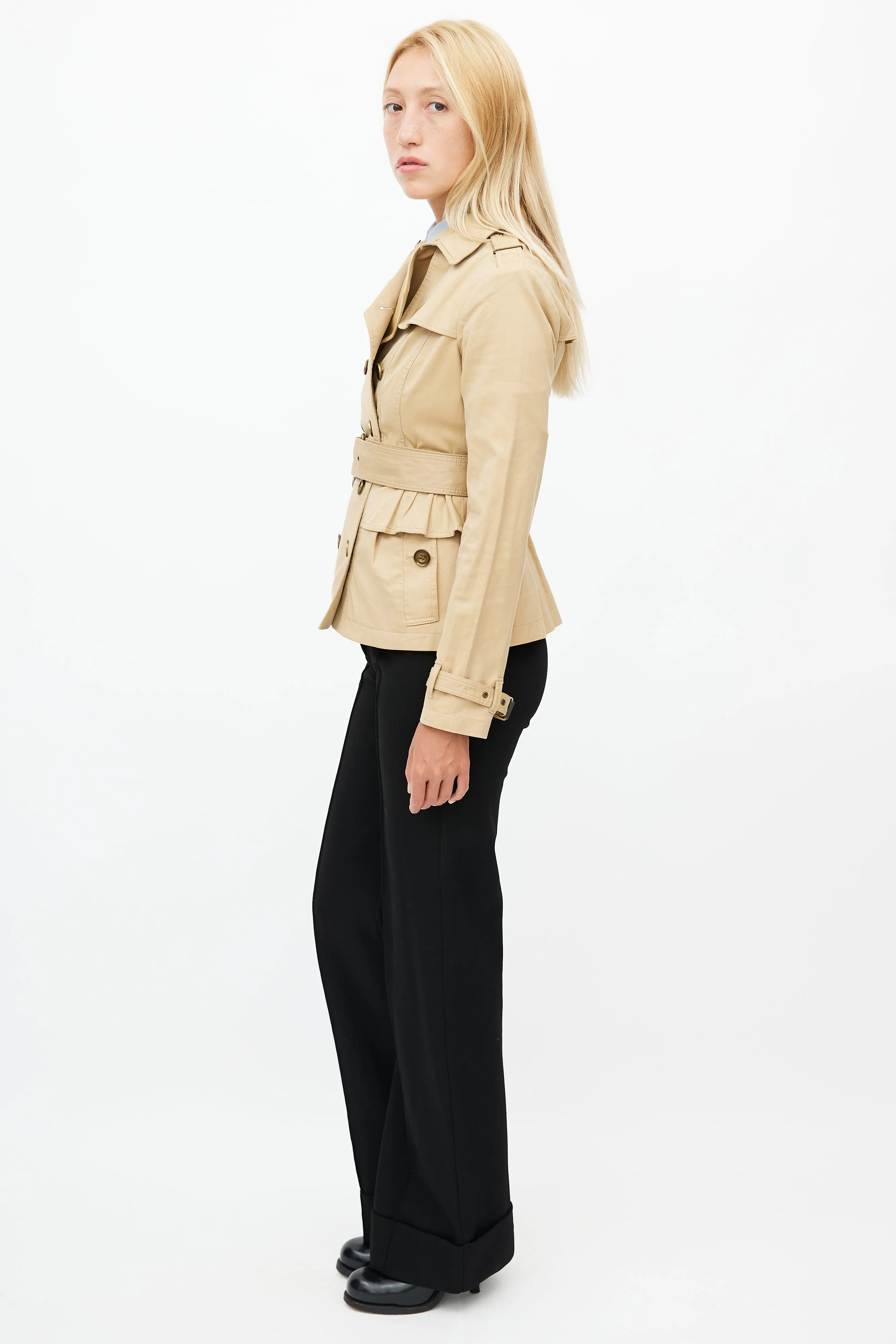 Beige Belted Short Ruffled Trench Coat