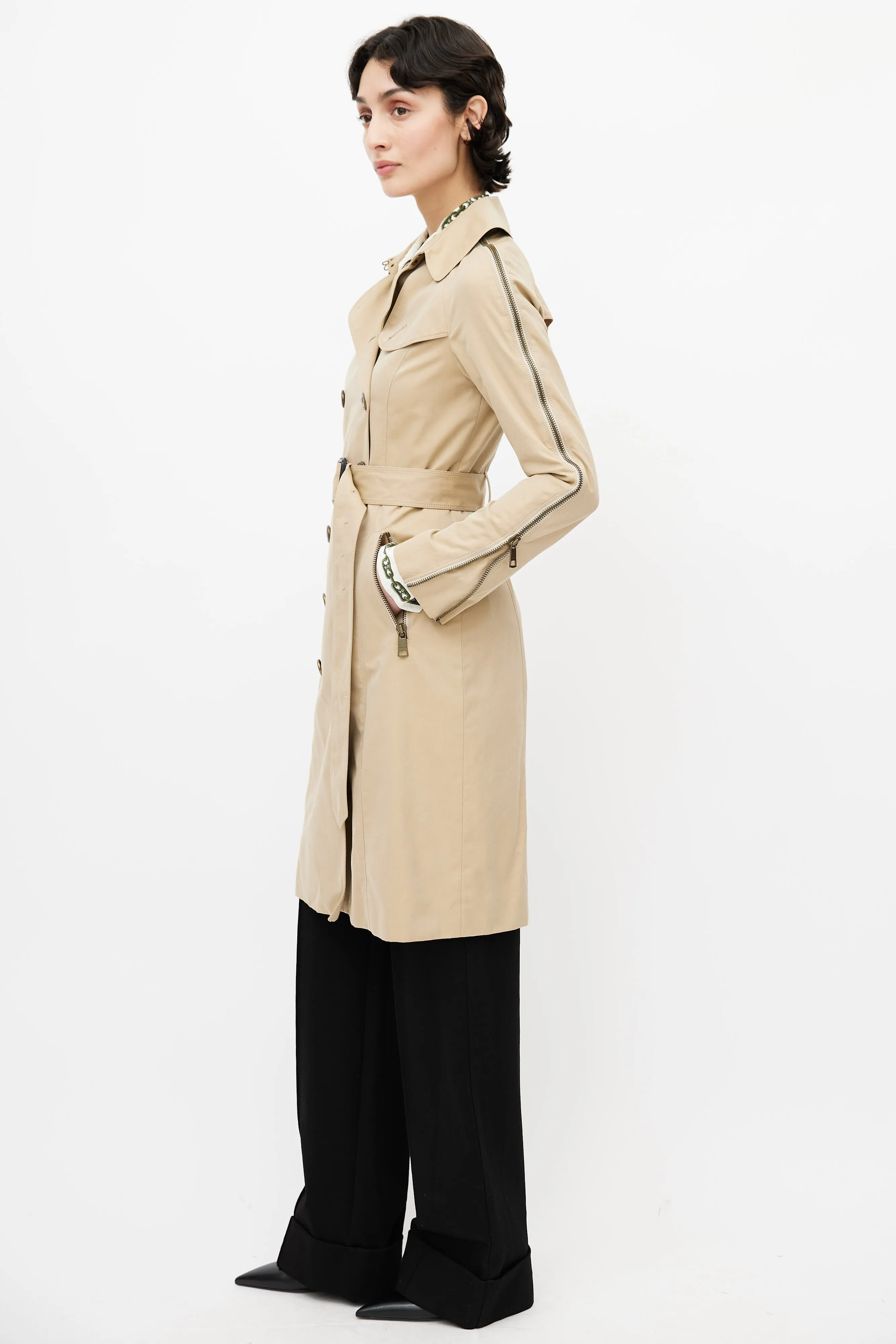 Beige Zipper Trench Coat