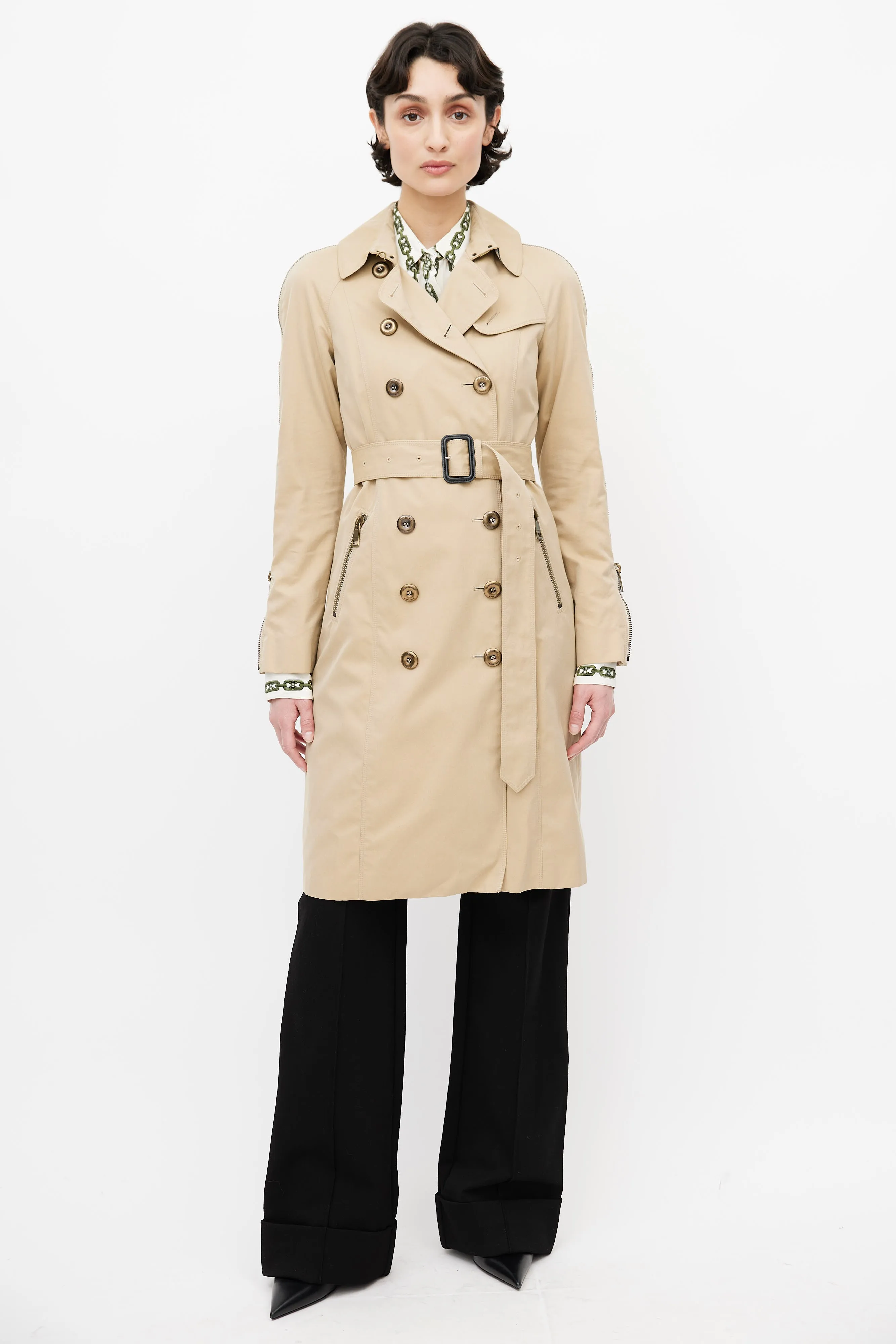 Beige Zipper Trench Coat