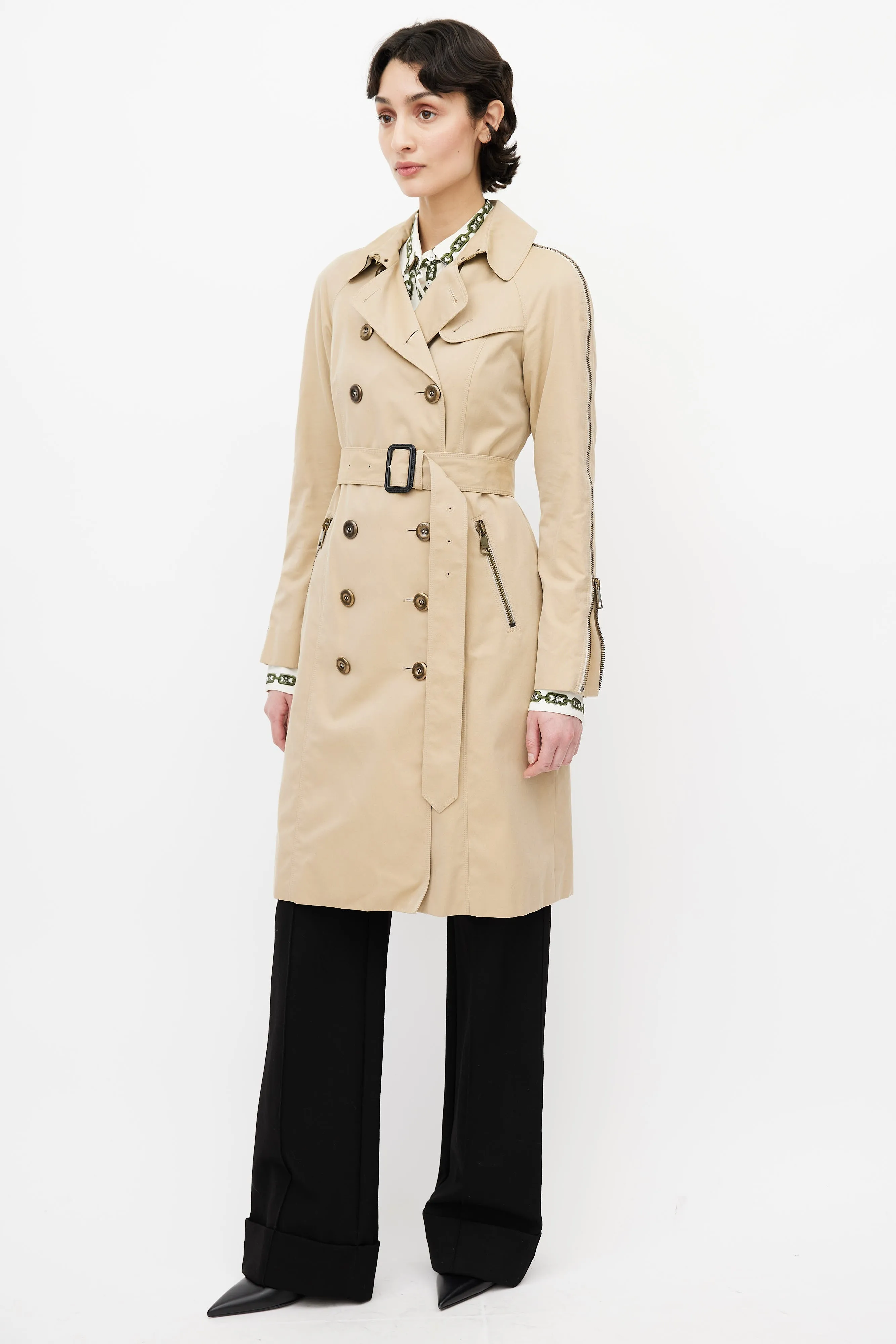Beige Zipper Trench Coat