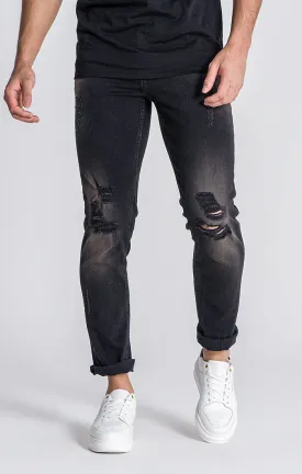 Black Straight-Leg Distressed Jeans