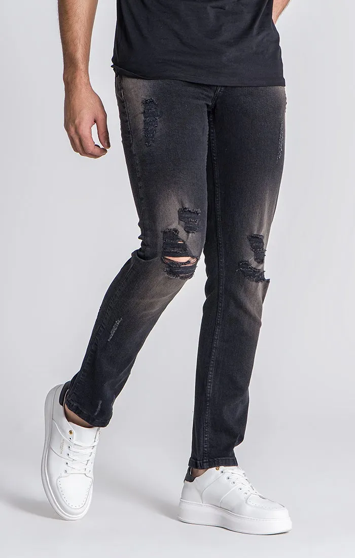 Black Straight-Leg Distressed Jeans