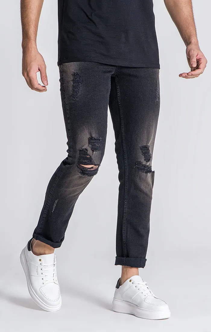 Black Straight-Leg Distressed Jeans
