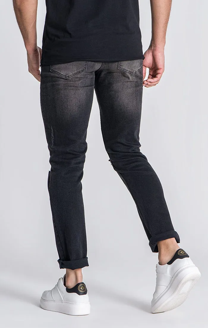 Black Straight-Leg Distressed Jeans