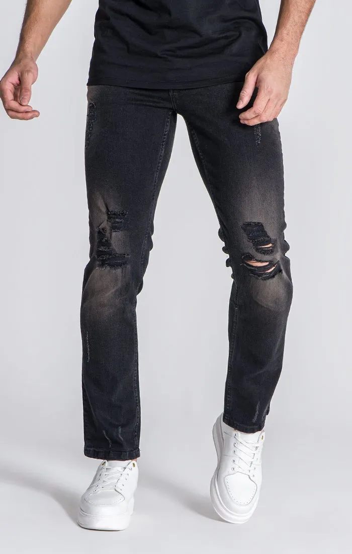 Black Straight-Leg Distressed Jeans