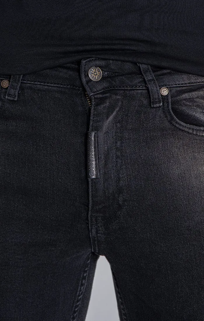 Black Straight-Leg Distressed Jeans