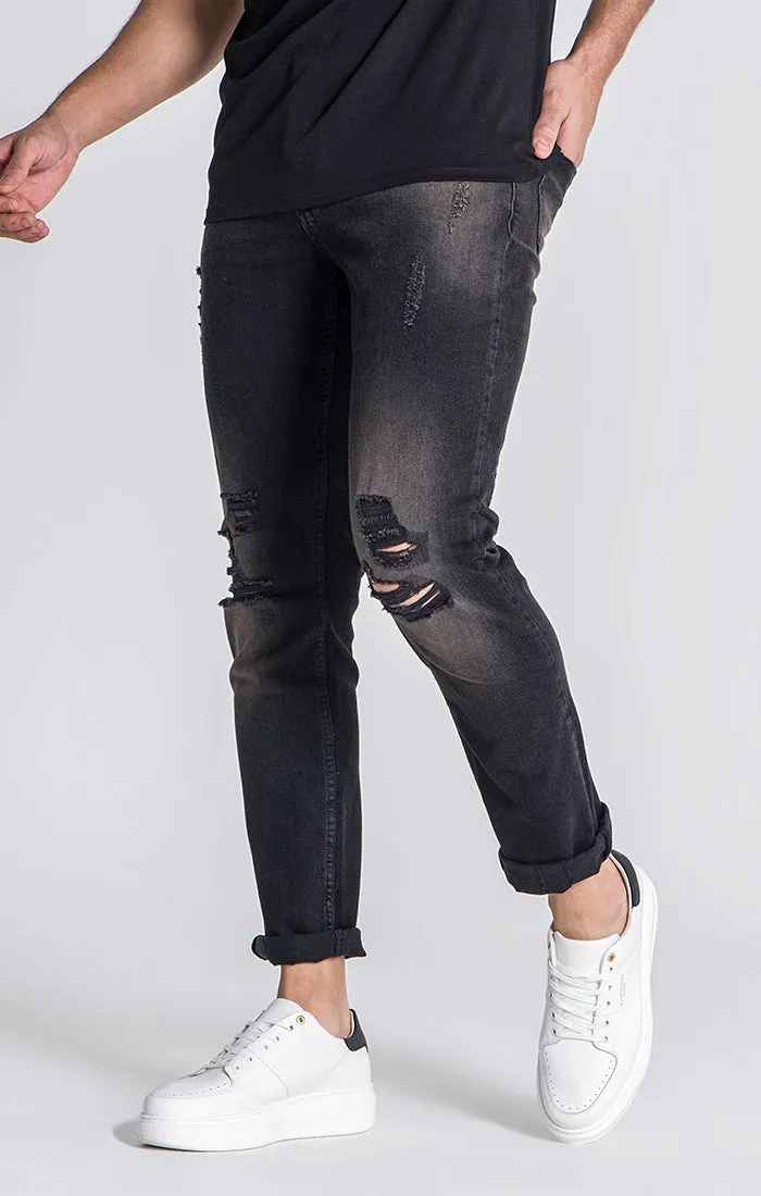 Black Straight-Leg Distressed Jeans