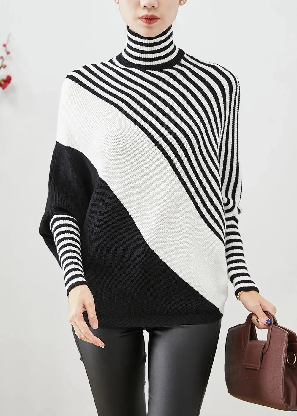Boho Black Oversized Striped Knit Sweater Batwing Sleeve ML3138