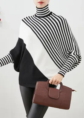 Boho Black Oversized Striped Knit Sweater Batwing Sleeve ML3138