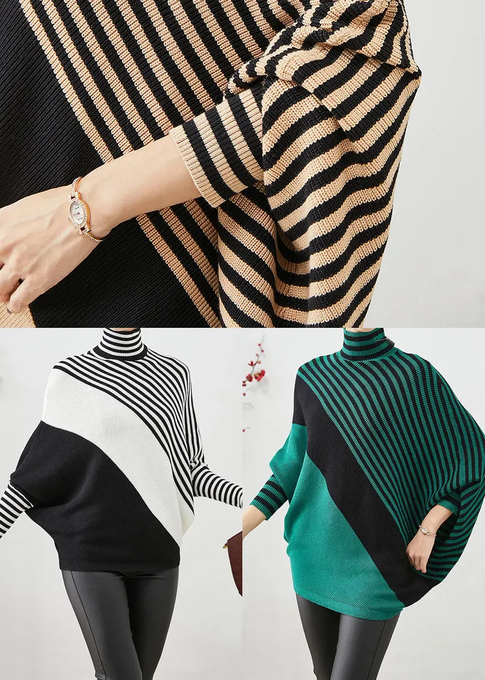 Boho Black Oversized Striped Knit Sweater Batwing Sleeve ML3138