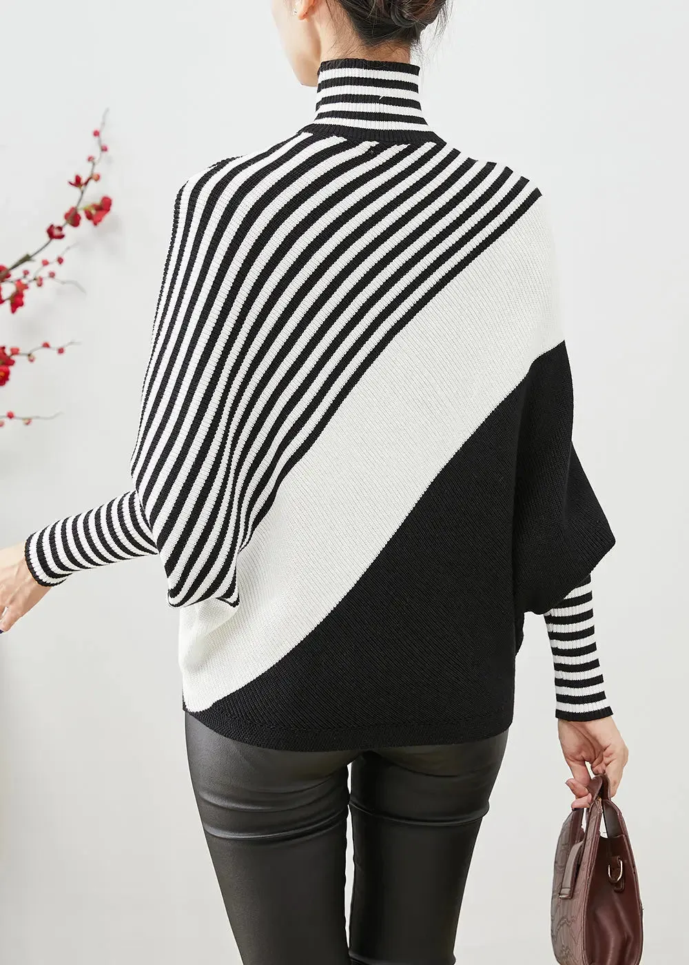Boho Black Oversized Striped Knit Sweater Batwing Sleeve ML3138
