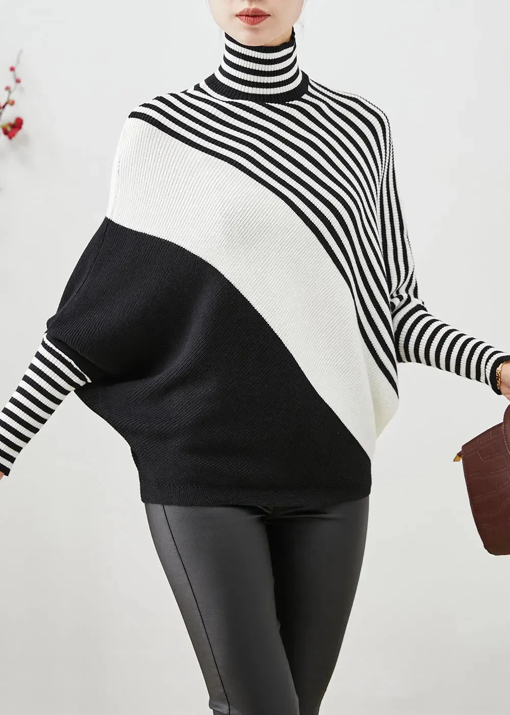 Boho Black Oversized Striped Knit Sweater Batwing Sleeve ML3138