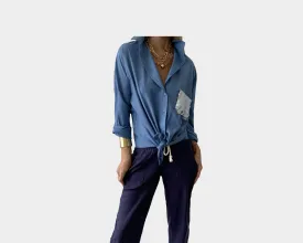 C1. Grecian Blue and silver cotton Linen Long Sleeve Shirt - The St. Barths