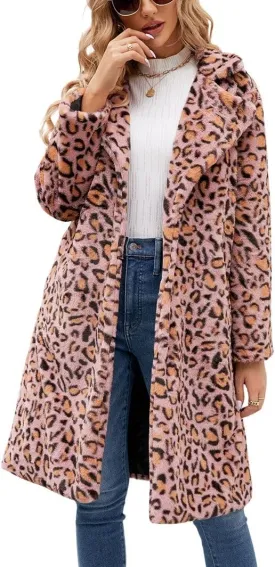 chouyatou Women's Open Front Leopard Print Faux Fur Long Trench Coat Lapel Collar Furry Jacket Coat
