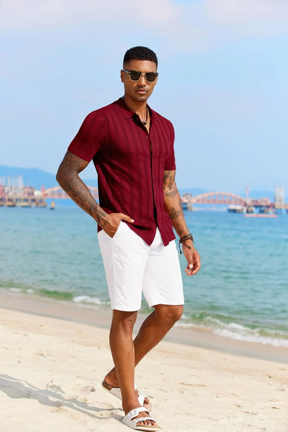 COOFANDY Men's Knit Polo Shirt Vintage Button Down Shirt Short Sleeve Hawaiian Shirt 2025 Summer Fashion Beach Shirts