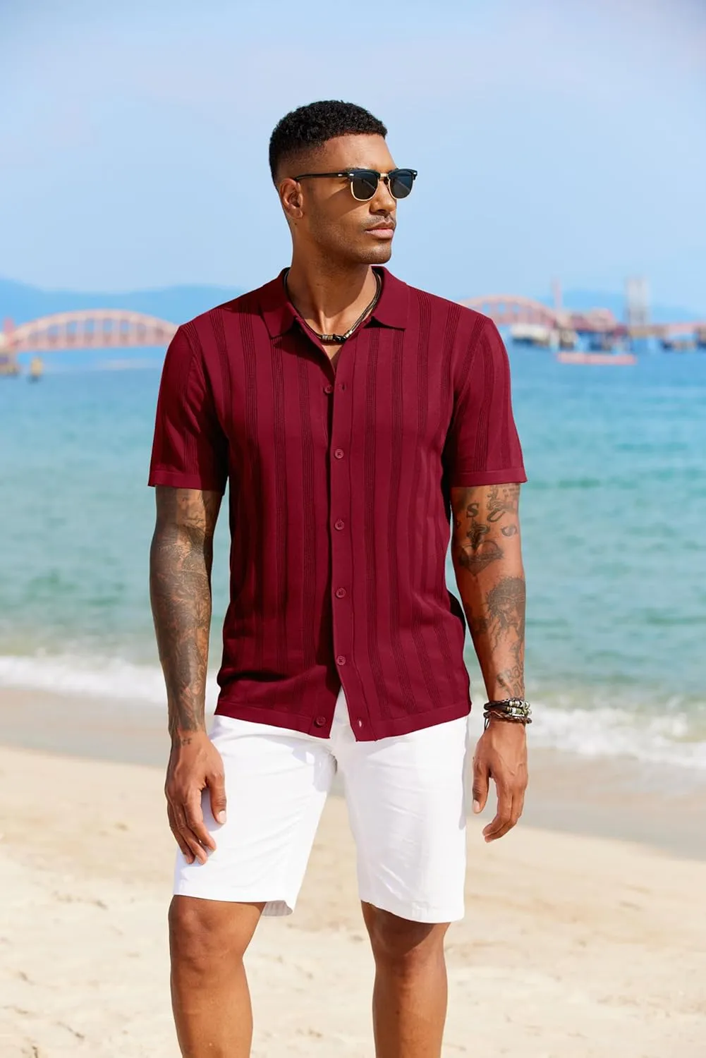 COOFANDY Men's Knit Polo Shirt Vintage Button Down Shirt Short Sleeve Hawaiian Shirt 2025 Summer Fashion Beach Shirts