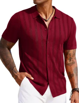 COOFANDY Men's Knit Polo Shirt Vintage Button Down Shirt Short Sleeve Hawaiian Shirt 2025 Summer Fashion Beach Shirts