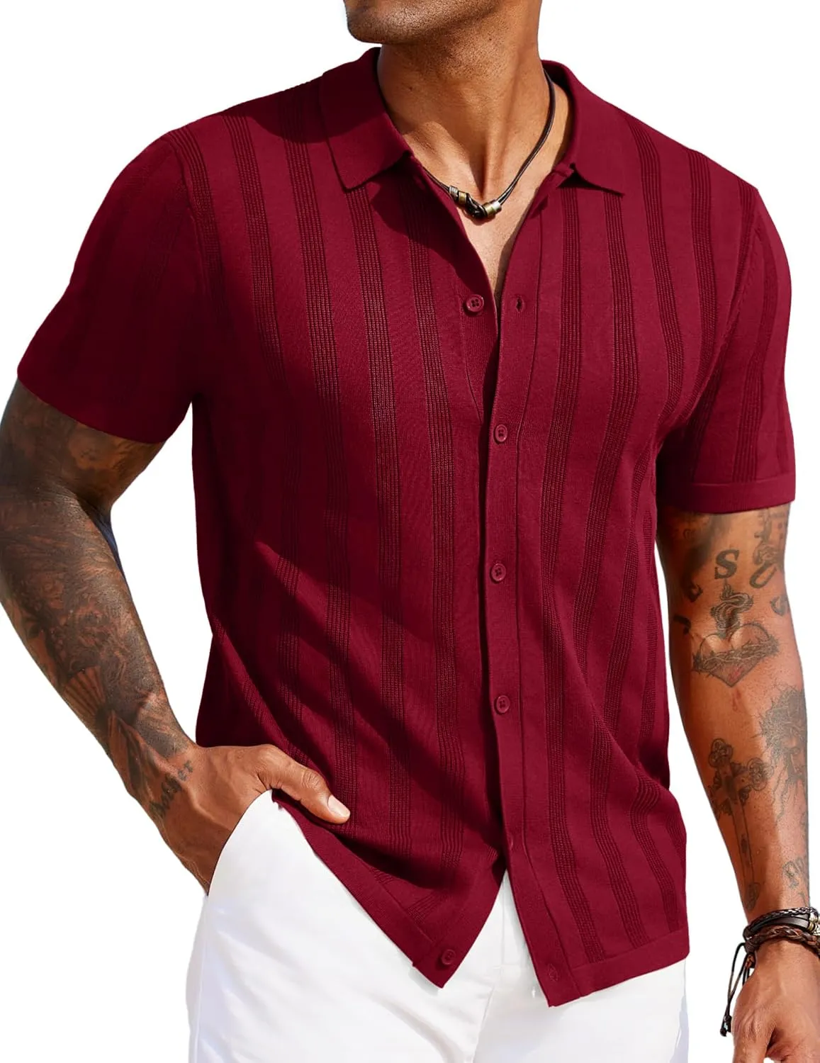 COOFANDY Men's Knit Polo Shirt Vintage Button Down Shirt Short Sleeve Hawaiian Shirt 2025 Summer Fashion Beach Shirts