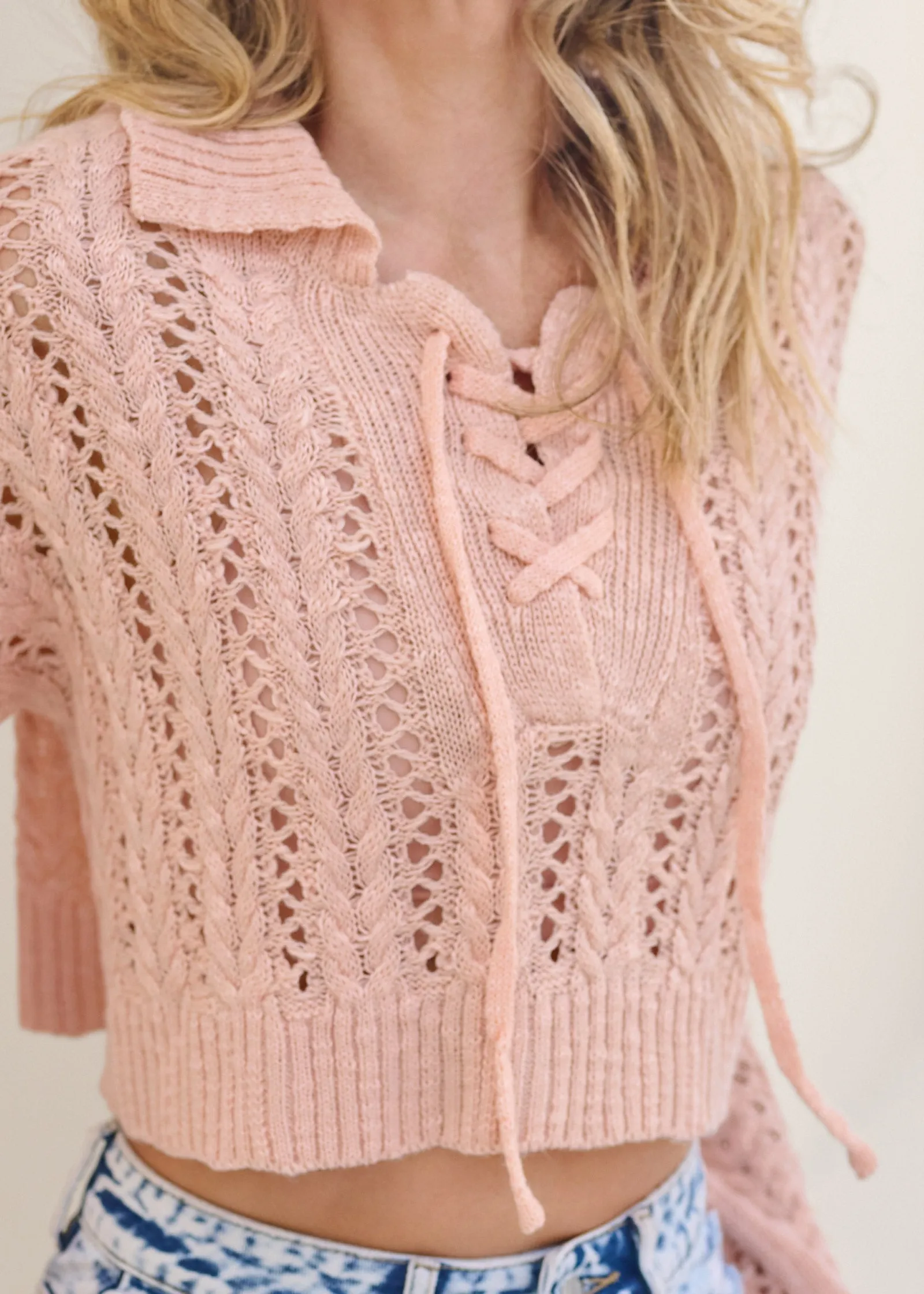 Cropped Pointelle Sweater  - Peach