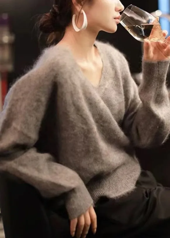 Cute Purple V Neck Cozy Knit Sweater Long Sleeve LY9909