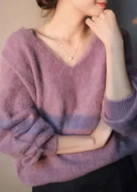Cute Purple V Neck Cozy Knit Sweater Long Sleeve LY9909
