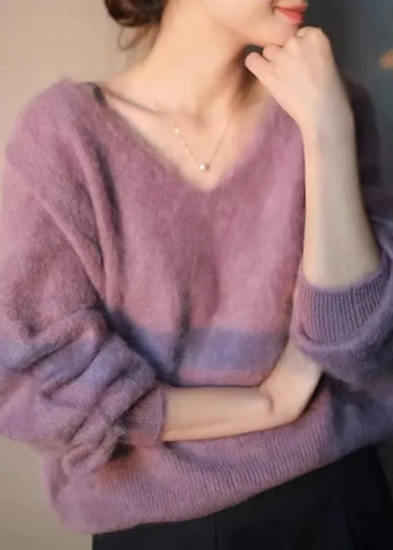 Cute Purple V Neck Cozy Knit Sweater Long Sleeve LY9909