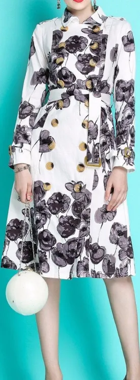 Double-Breasted Floral Print Trench Coat