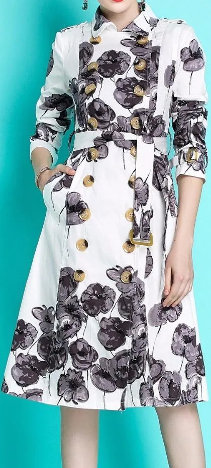 Double-Breasted Floral Print Trench Coat