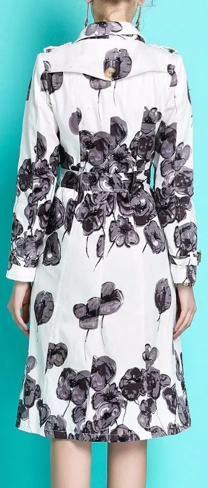 Double-Breasted Floral Print Trench Coat