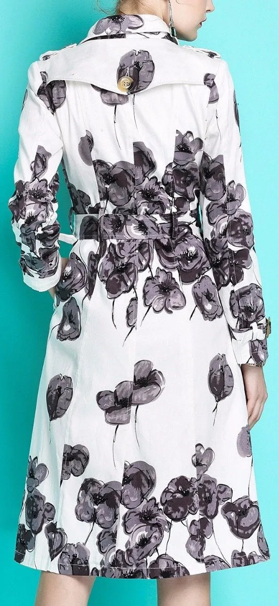 Double-Breasted Floral Print Trench Coat