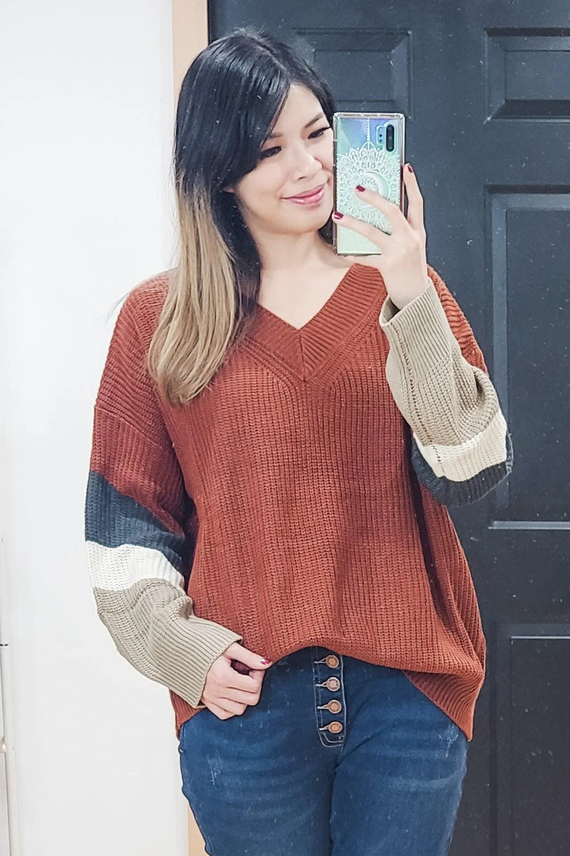 FINAL SALE -  V Neck Color Block Bubble Sleeve Sweater