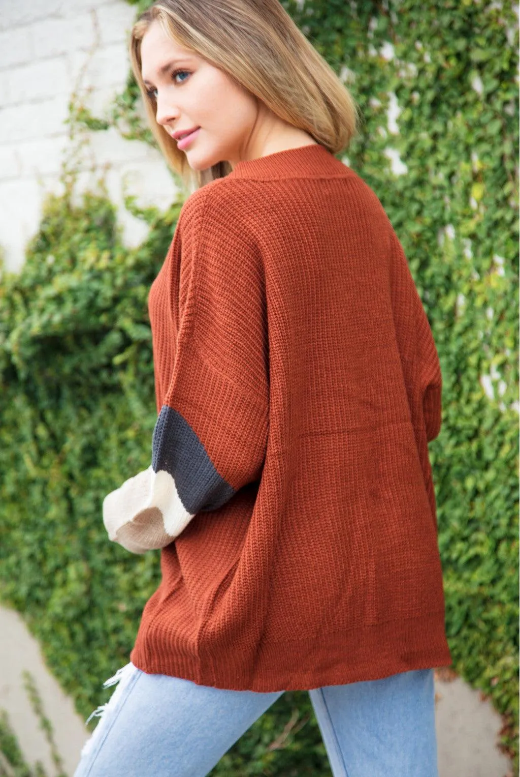 FINAL SALE -  V Neck Color Block Bubble Sleeve Sweater