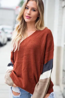 FINAL SALE -  V Neck Color Block Bubble Sleeve Sweater