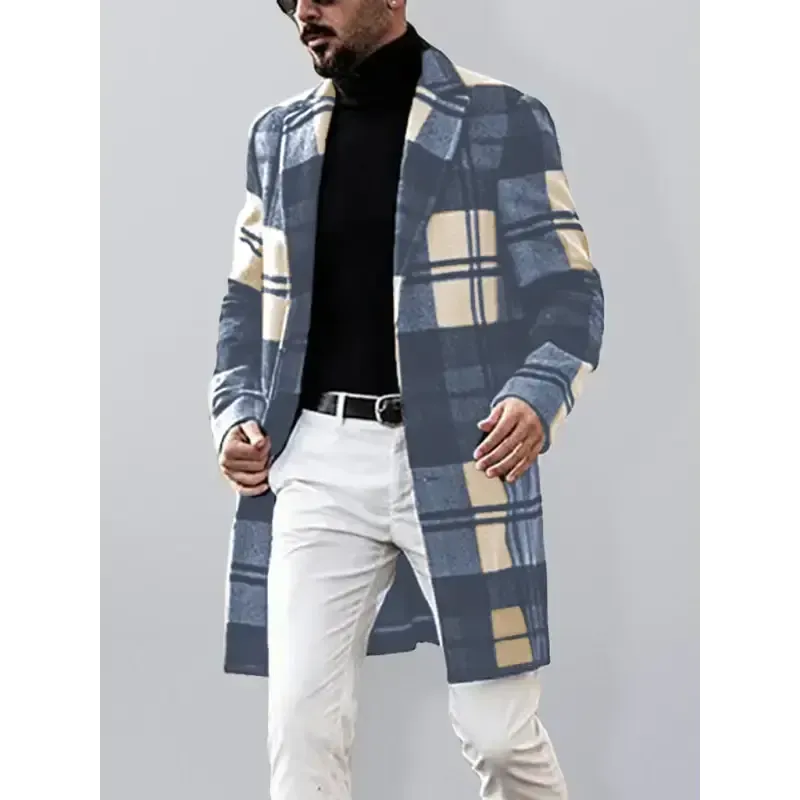 Men’s casual fashion plaid coat mid length coat coat