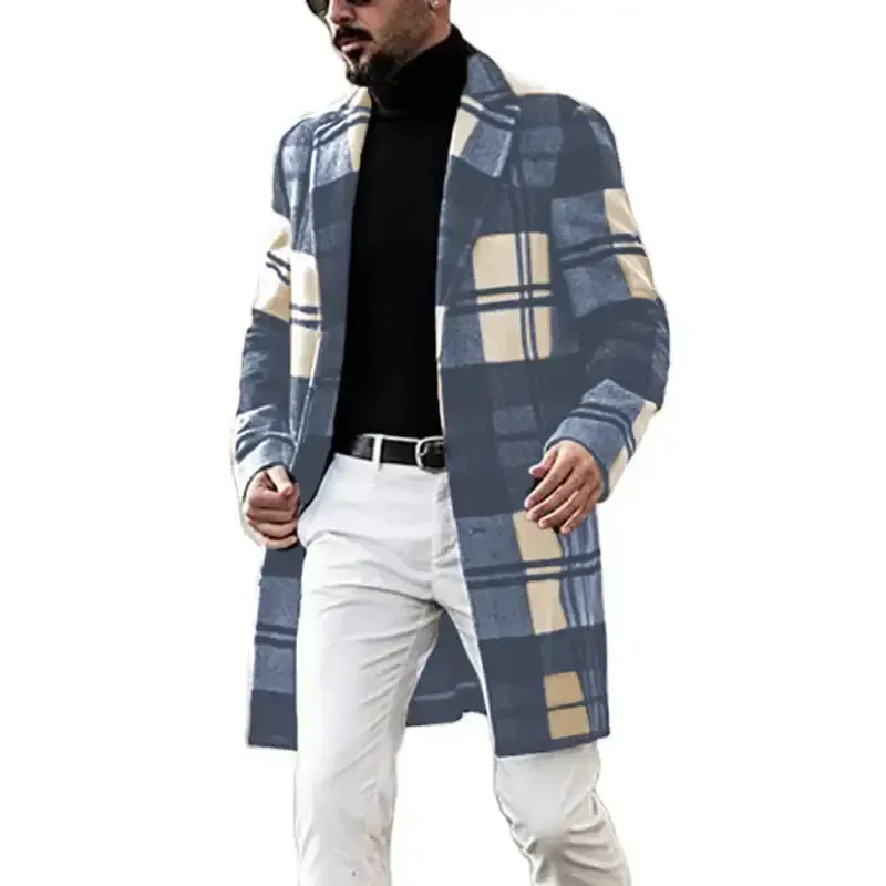 Men’s casual fashion plaid coat mid length coat coat