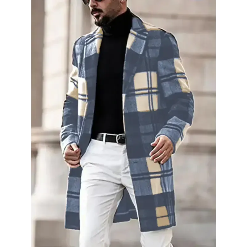 Men’s casual fashion plaid coat mid length coat coat