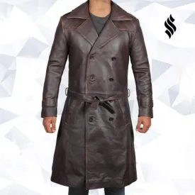 Mens Rorschach Distressed Brown Travelling Winter Long Leather Trench Coat