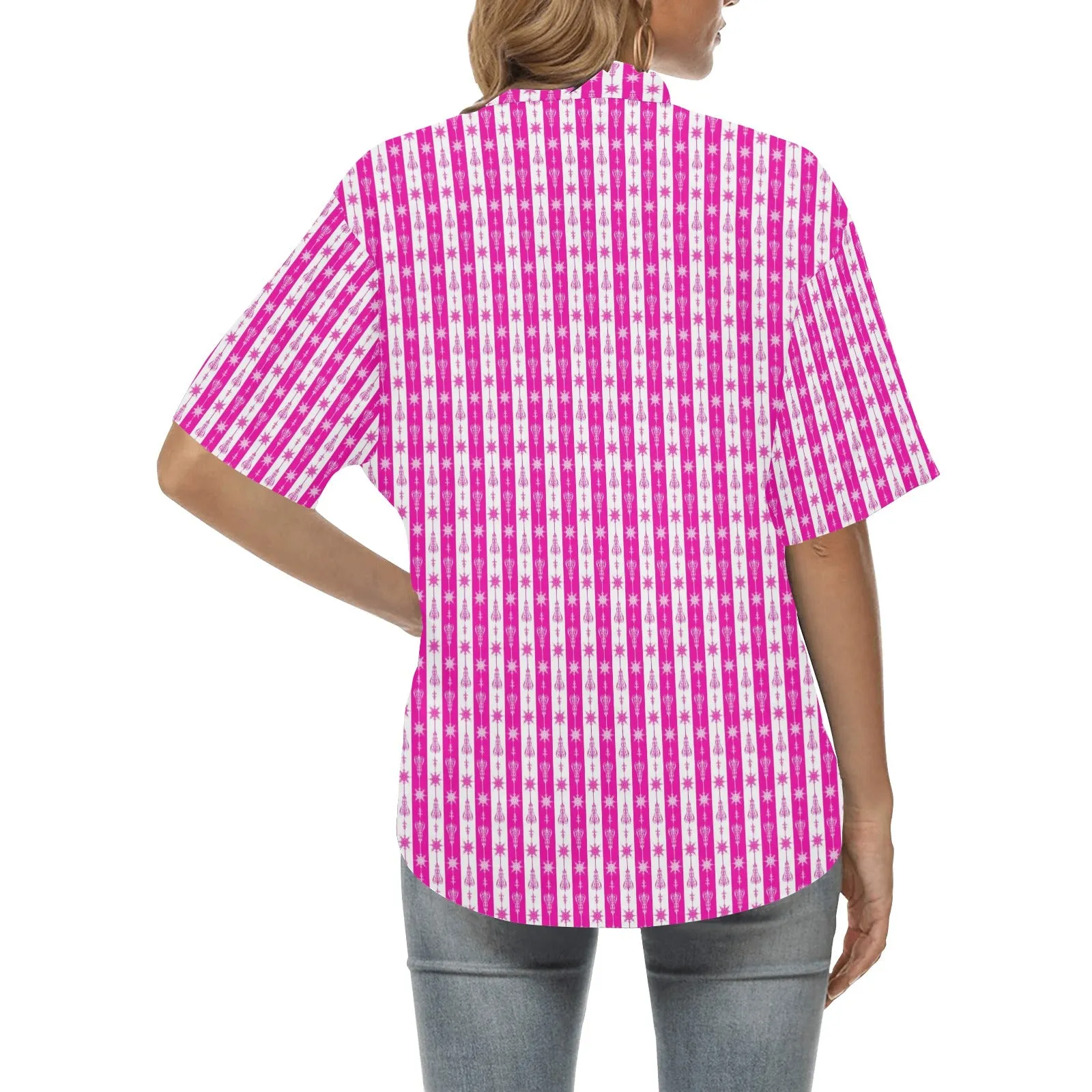 micro striped arrow fuchsia print 2 All Over Print Hawaiian Shirt for Women (Model T58)
